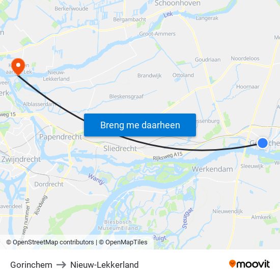 Gorinchem to Nieuw-Lekkerland map