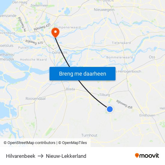 Hilvarenbeek to Nieuw-Lekkerland map