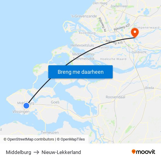 Middelburg to Nieuw-Lekkerland map