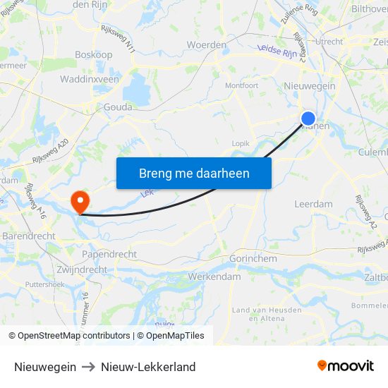Nieuwegein to Nieuw-Lekkerland map