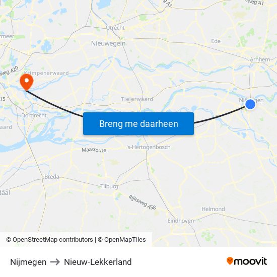 Nijmegen to Nieuw-Lekkerland map