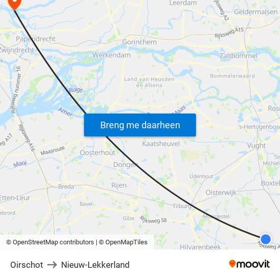 Oirschot to Nieuw-Lekkerland map