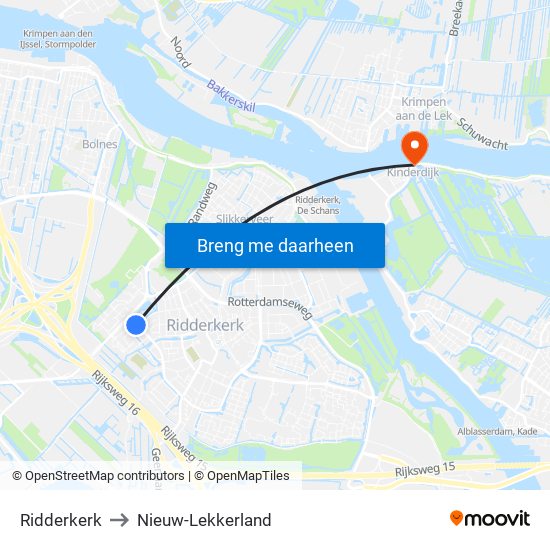 Ridderkerk to Nieuw-Lekkerland map