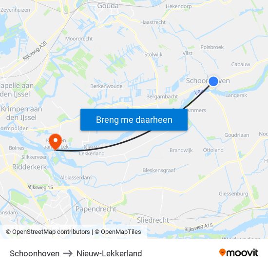 Schoonhoven to Nieuw-Lekkerland map