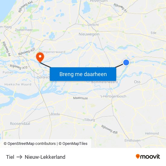 Tiel to Nieuw-Lekkerland map