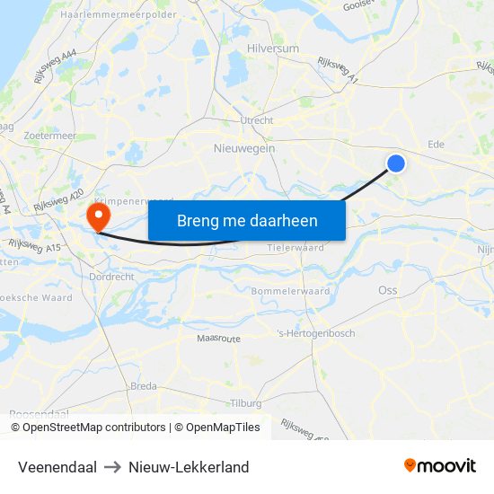 Veenendaal to Nieuw-Lekkerland map