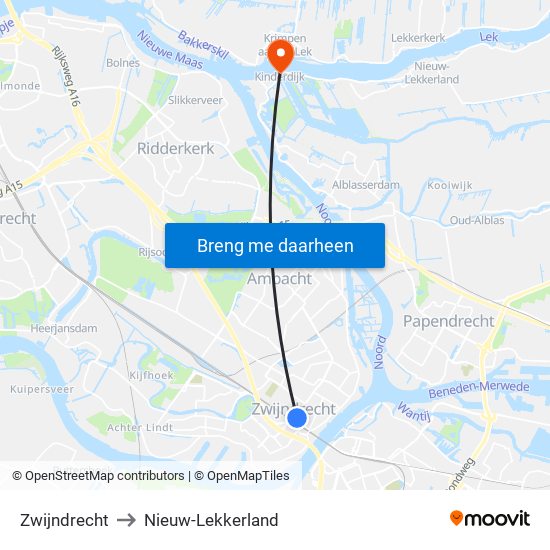 Zwijndrecht to Nieuw-Lekkerland map