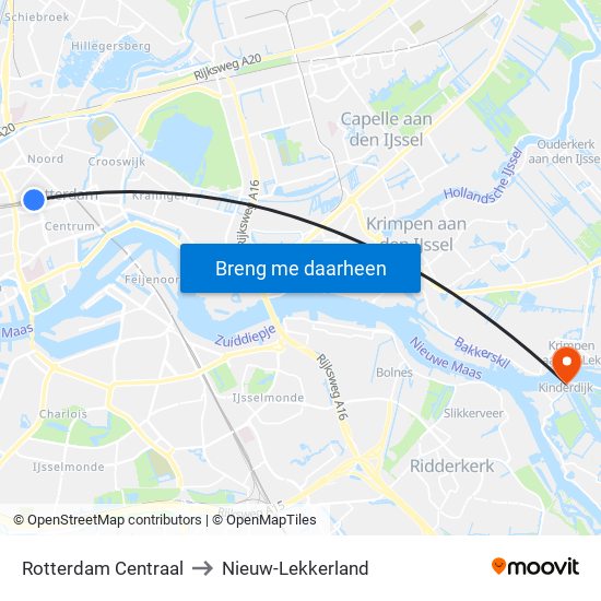 Rotterdam Centraal to Nieuw-Lekkerland map