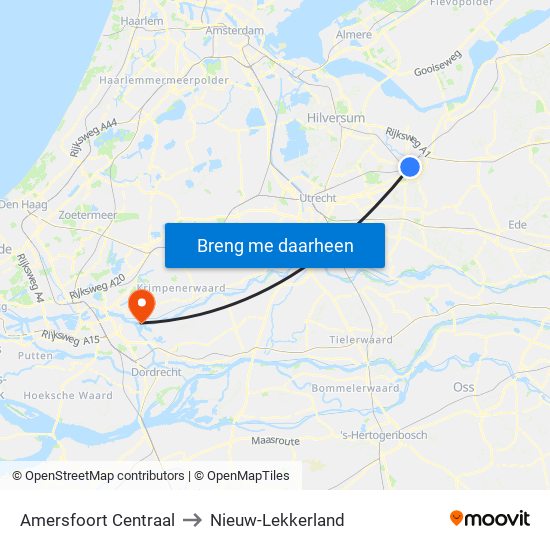 Amersfoort Centraal to Nieuw-Lekkerland map