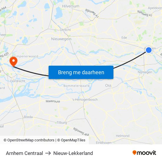 Arnhem Centraal to Nieuw-Lekkerland map
