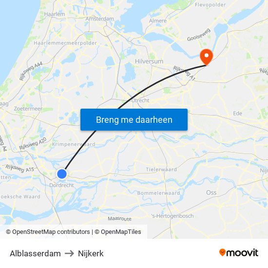 Alblasserdam to Nijkerk map