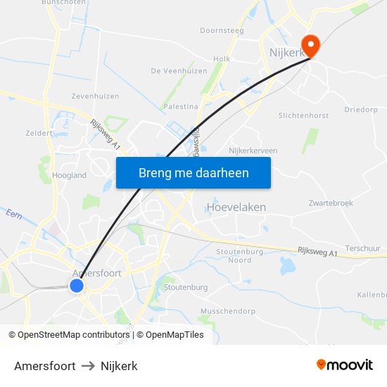 Amersfoort to Nijkerk map