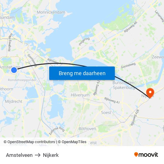 Amstelveen to Nijkerk map