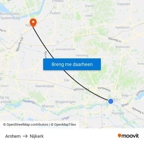Arnhem to Nijkerk map