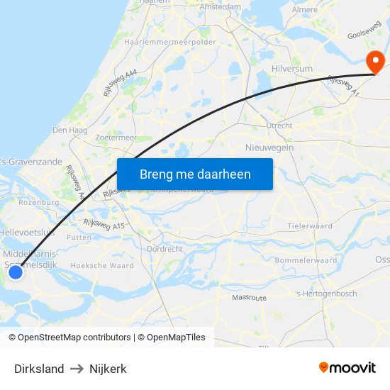 Dirksland to Nijkerk map