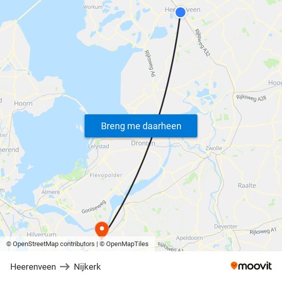 Heerenveen to Nijkerk map