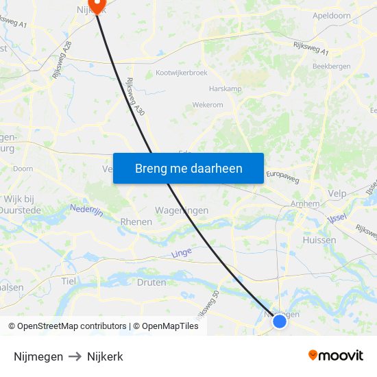 Nijmegen to Nijkerk map