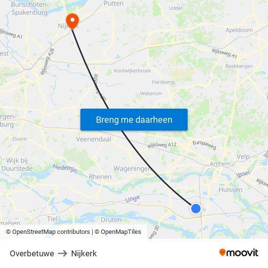 Overbetuwe to Nijkerk map