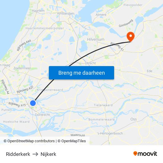 Ridderkerk to Nijkerk map