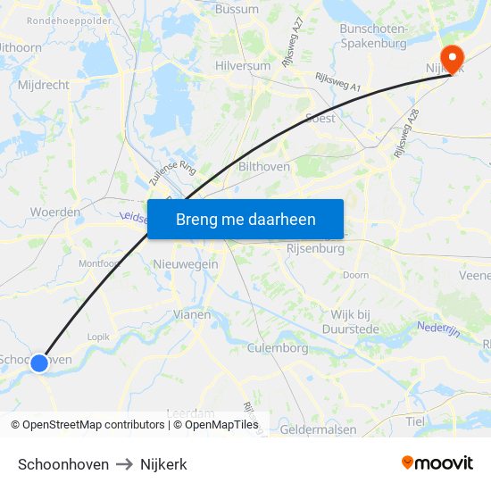 Schoonhoven to Nijkerk map