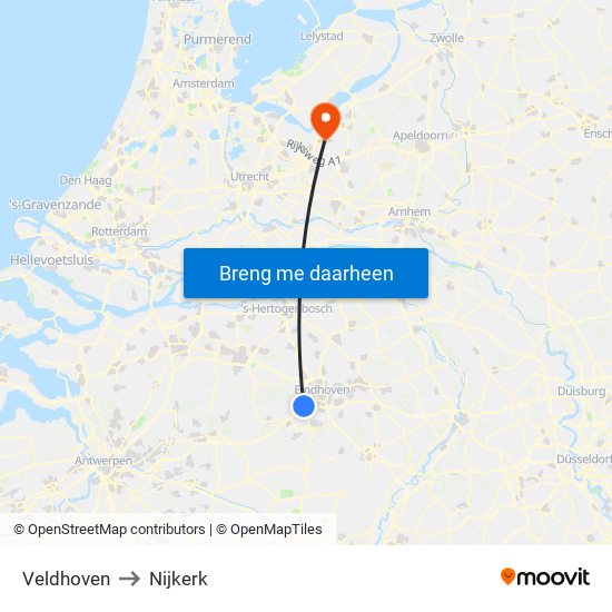 Veldhoven to Nijkerk map