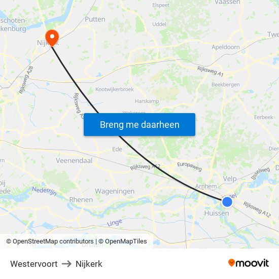 Westervoort to Nijkerk map