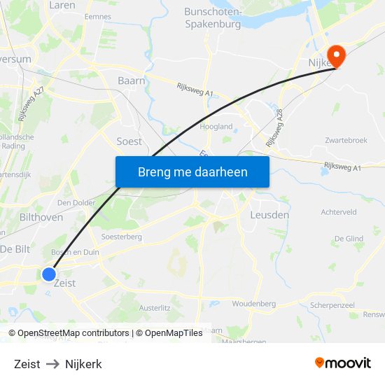 Zeist to Nijkerk map