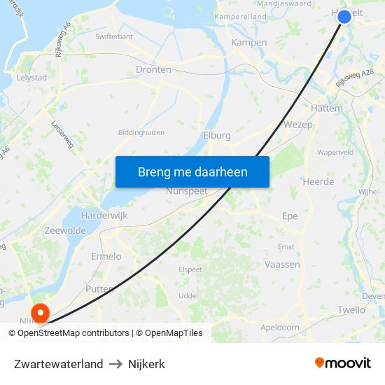 Zwartewaterland to Nijkerk map