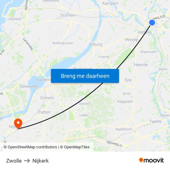 Zwolle to Nijkerk map
