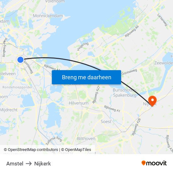 Amstel to Nijkerk map