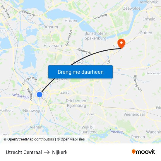 Utrecht Centraal to Nijkerk map