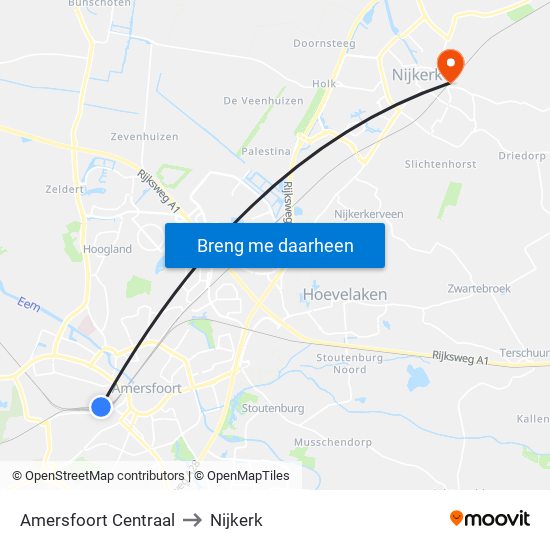 Amersfoort Centraal to Nijkerk map