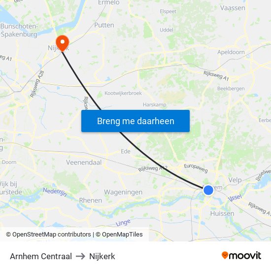 Arnhem Centraal to Nijkerk map