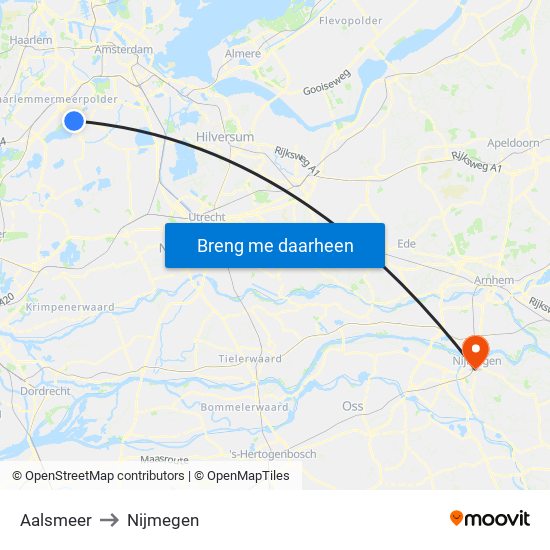 Aalsmeer to Nijmegen map