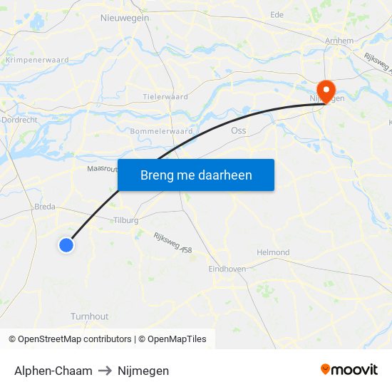 Alphen-Chaam to Nijmegen map