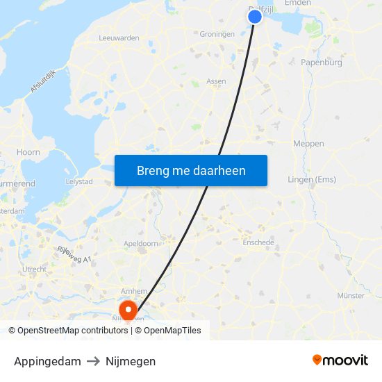 Appingedam to Nijmegen map