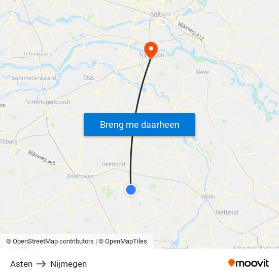 Asten to Nijmegen map
