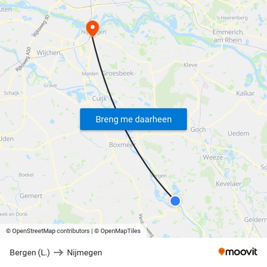 Bergen (L.) to Nijmegen map