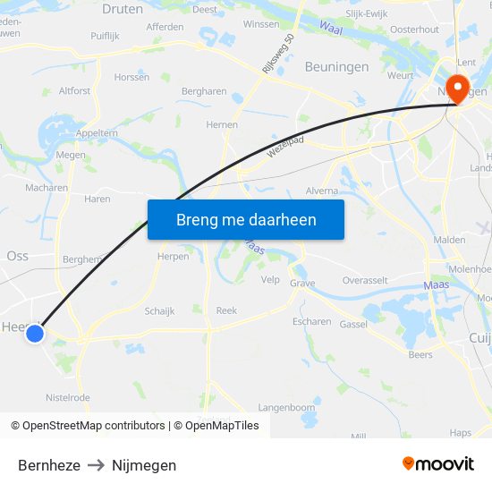 Bernheze to Nijmegen map