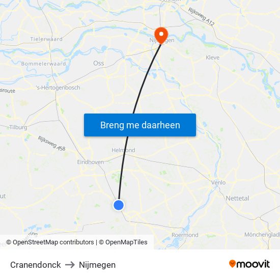 Cranendonck to Nijmegen map
