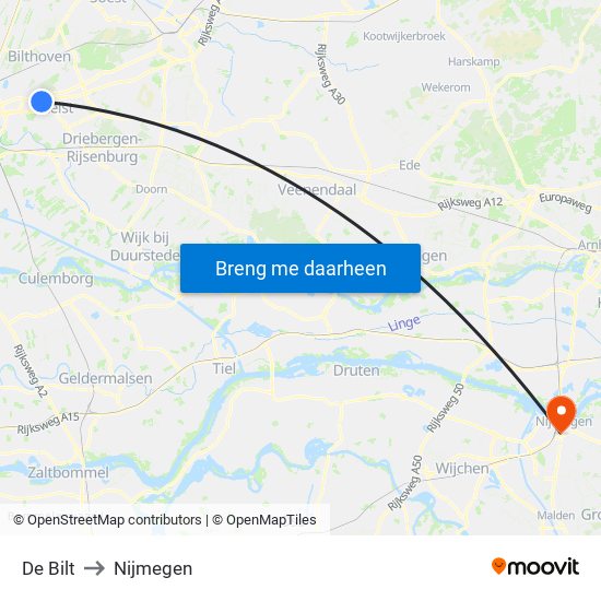 De Bilt to Nijmegen map