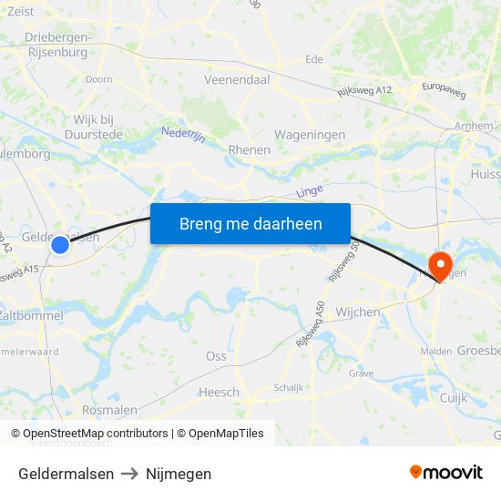 Geldermalsen to Nijmegen map