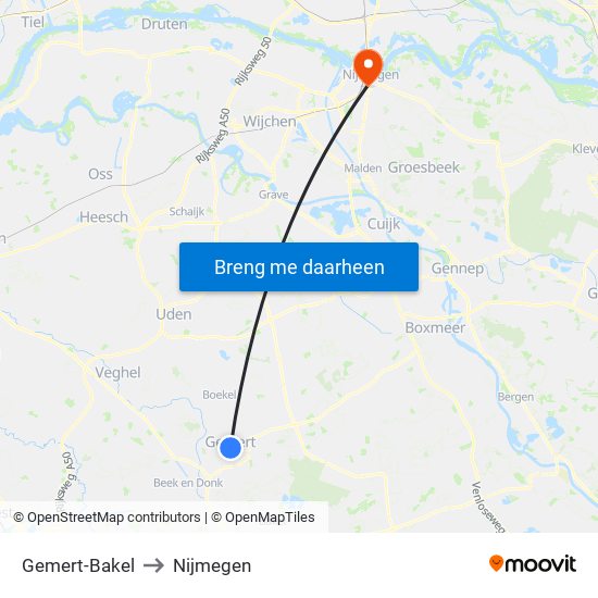 Gemert-Bakel to Nijmegen map