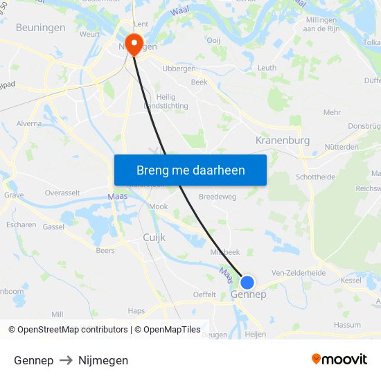 Gennep to Nijmegen map