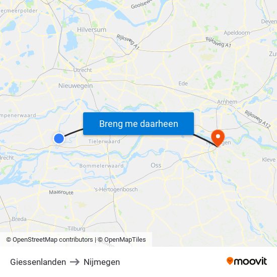 Giessenlanden to Nijmegen map