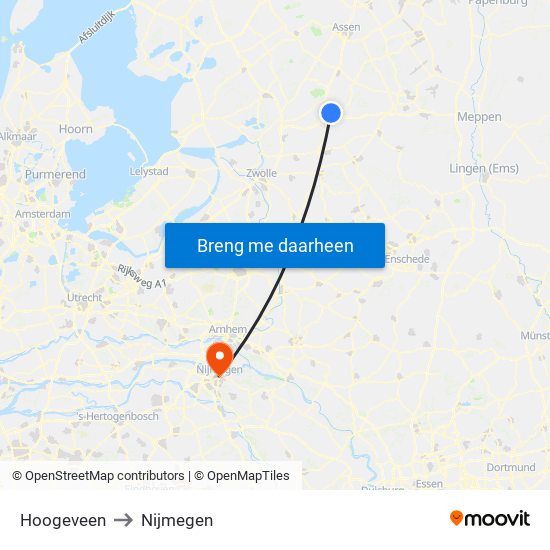 Hoogeveen to Nijmegen map