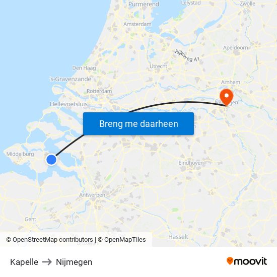 Kapelle to Nijmegen map