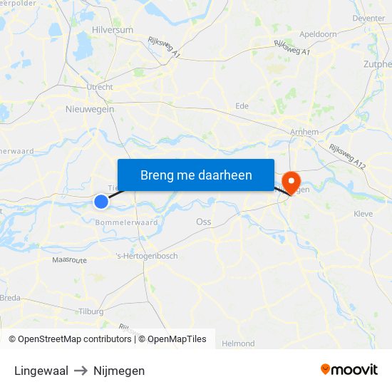Lingewaal to Nijmegen map