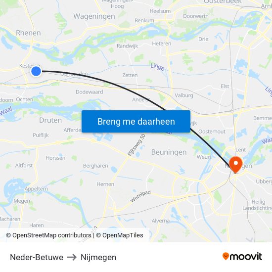 Neder-Betuwe to Nijmegen map