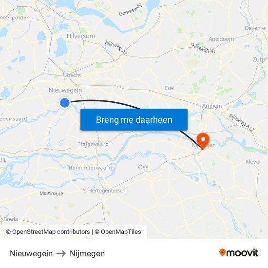 Nieuwegein to Nijmegen map
